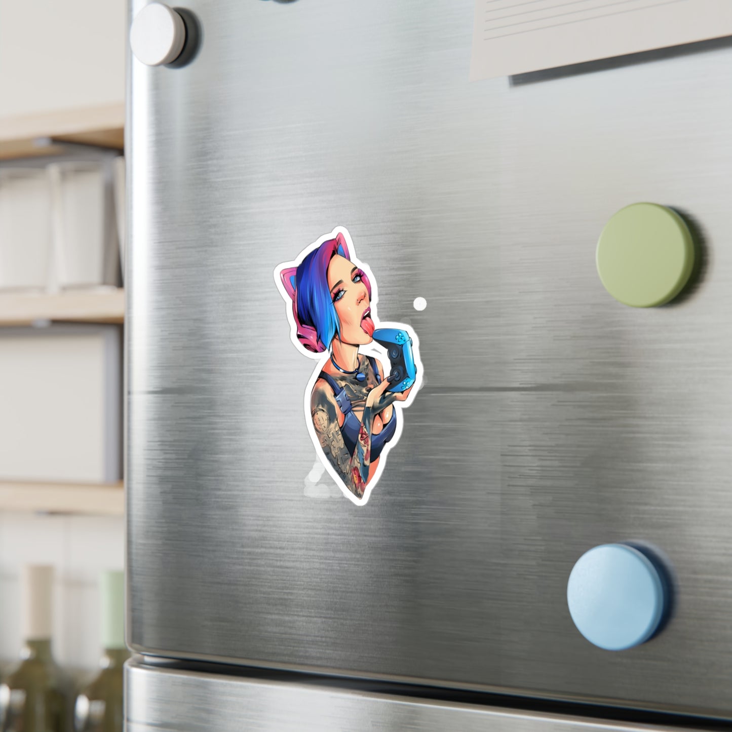 Gamer Girl Kiss-Cut Vinyl Sticker — Edgy Tattooed Woman with Controller