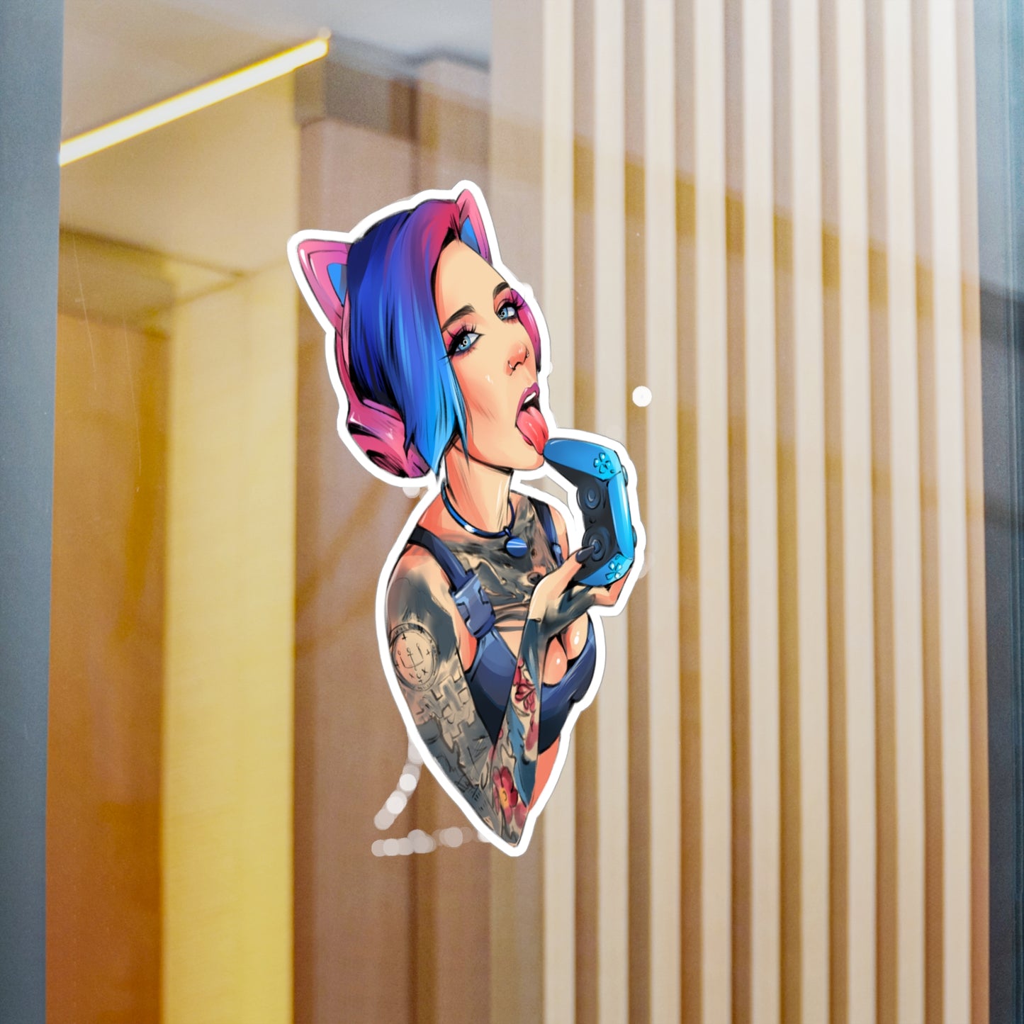 Gamer Girl Kiss-Cut Vinyl Sticker — Edgy Tattooed Woman with Controller
