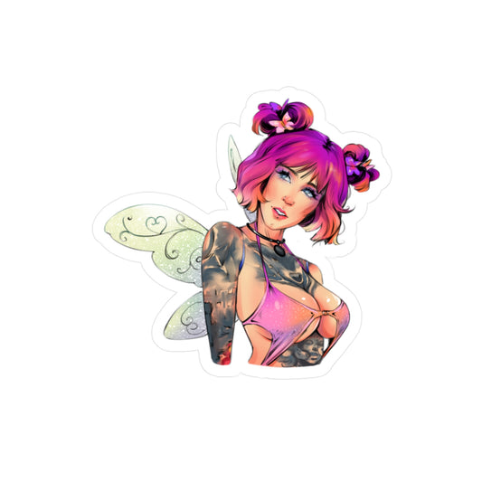 Fairy Pin-Up Kiss-Cut Vinyl Sticker — Pink-Haired Tattooed Fairy Decal