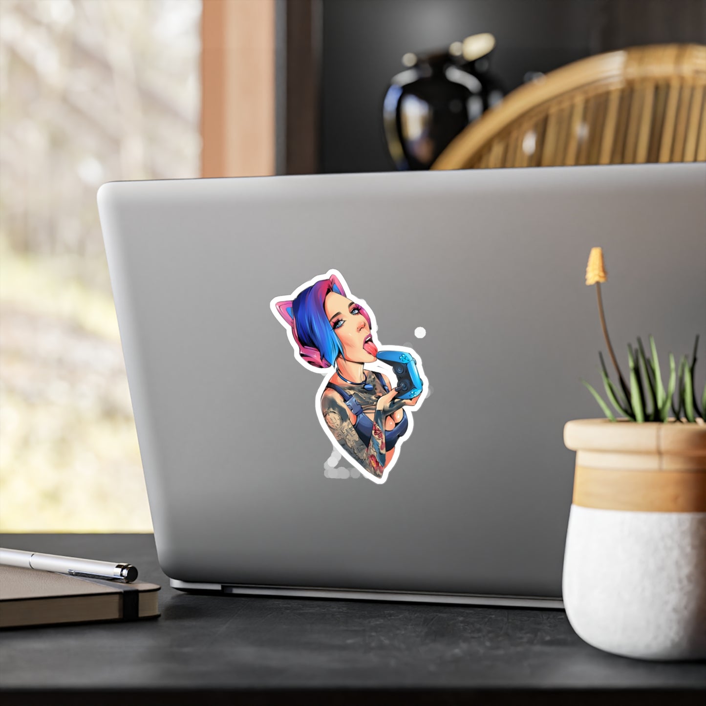 Gamer Girl Kiss-Cut Vinyl Sticker — Edgy Tattooed Woman with Controller