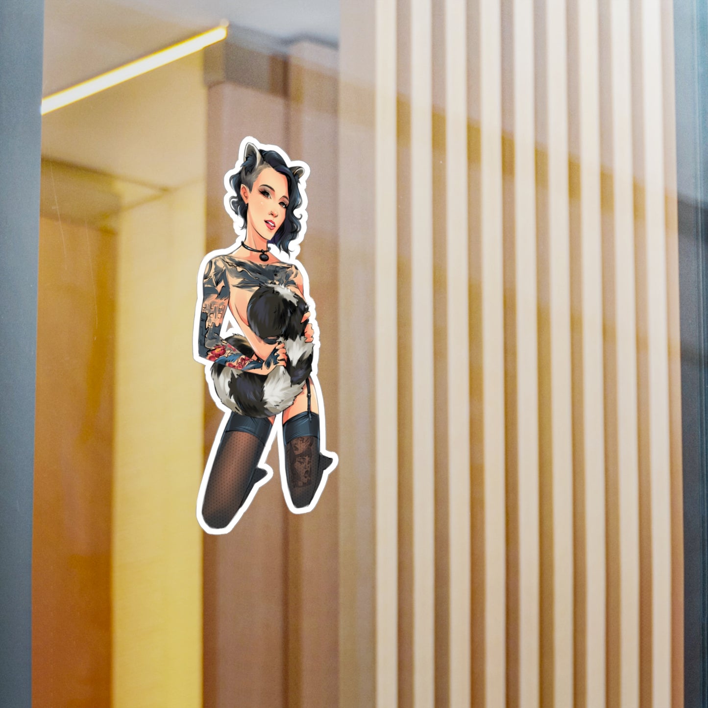 Pin-Up Raccoon Kiss-Cut Vinyl Sticker — Tattooed Femme Fatale Decal