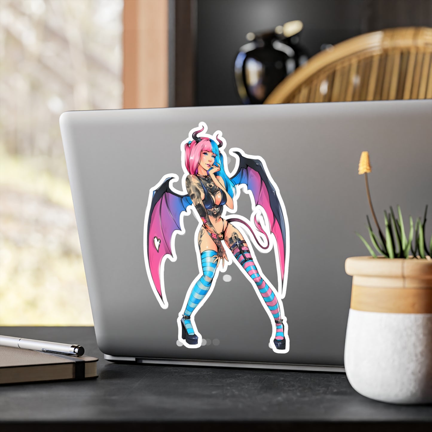 Succubus Anime Girl Kiss-Cut Vinyl Sticker — Pink & Blue Goth Pin-Up Decal