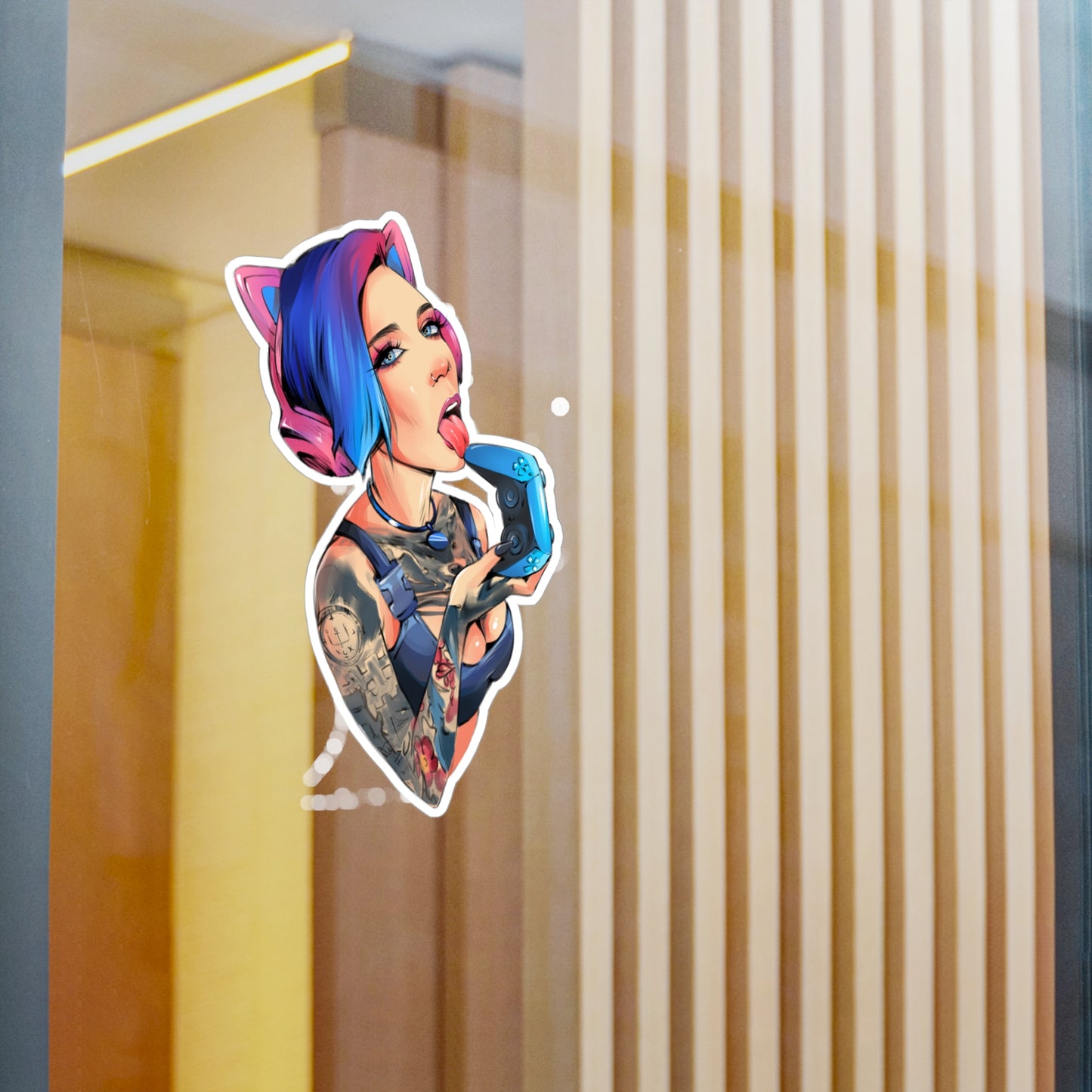 Gamer Girl Kiss-Cut Vinyl Sticker — Edgy Tattooed Woman with Controller