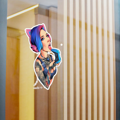 Gamer Girl Kiss-Cut Vinyl Sticker — Edgy Tattooed Woman with Controller