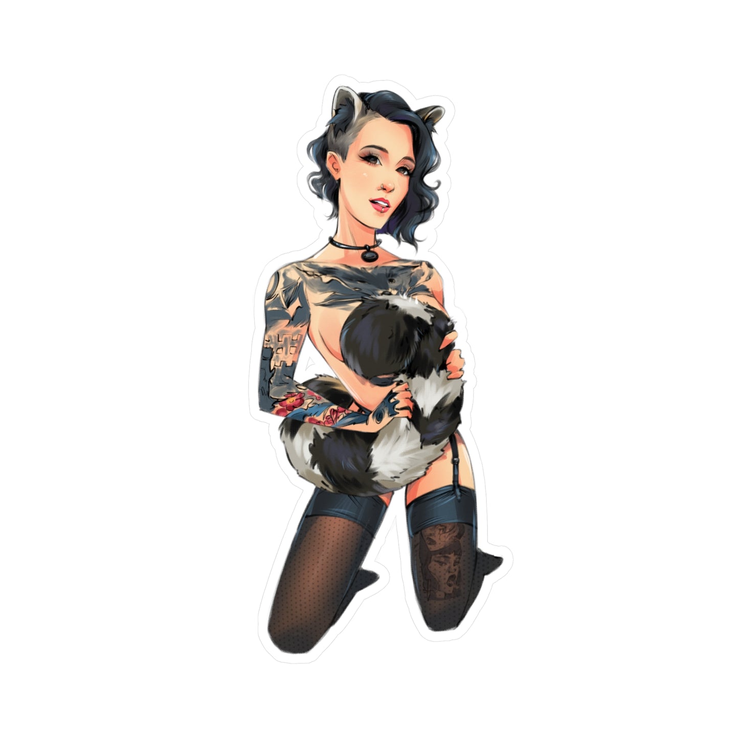 Pin-Up Raccoon Kiss-Cut Vinyl Sticker — Tattooed Femme Fatale Decal