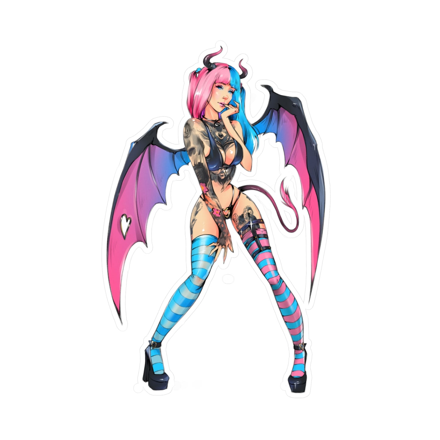 Succubus Anime Girl Kiss-Cut Vinyl Sticker — Pink & Blue Goth Pin-Up Decal