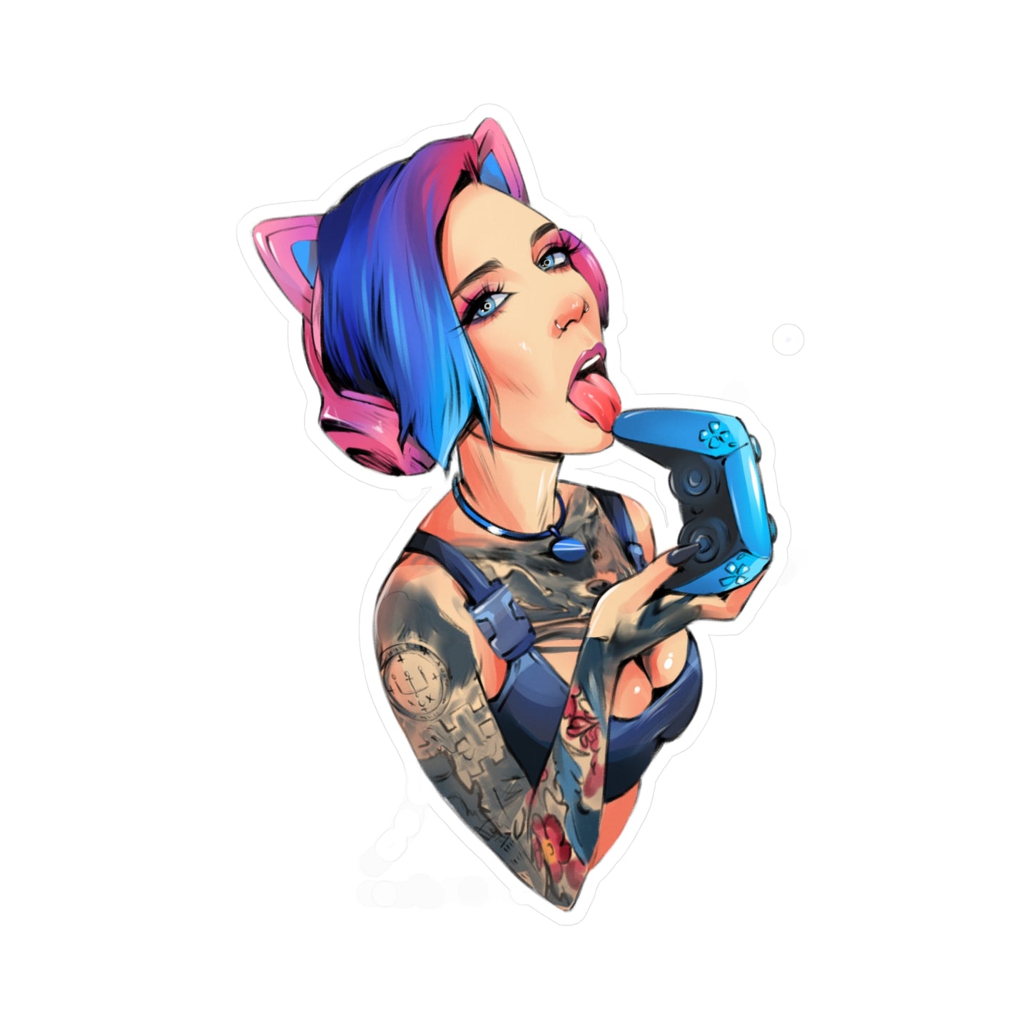 Gamer Girl Kiss-Cut Vinyl Sticker — Edgy Tattooed Woman with Controller