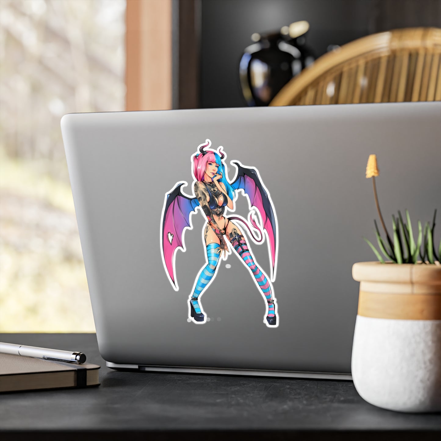 Succubus Anime Girl Kiss-Cut Vinyl Sticker — Pink & Blue Goth Pin-Up Decal
