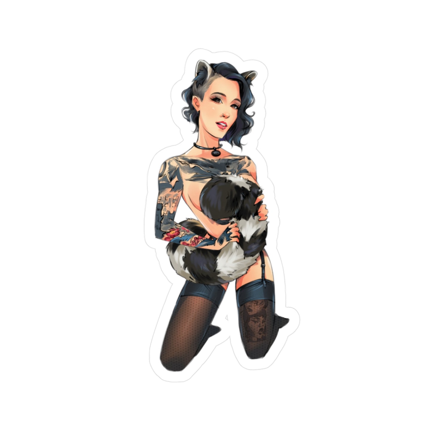 Pin-Up Raccoon Kiss-Cut Vinyl Sticker — Tattooed Femme Fatale Decal