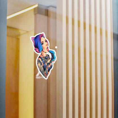 Gamer Girl Kiss-Cut Vinyl Sticker — Edgy Tattooed Woman with Controller