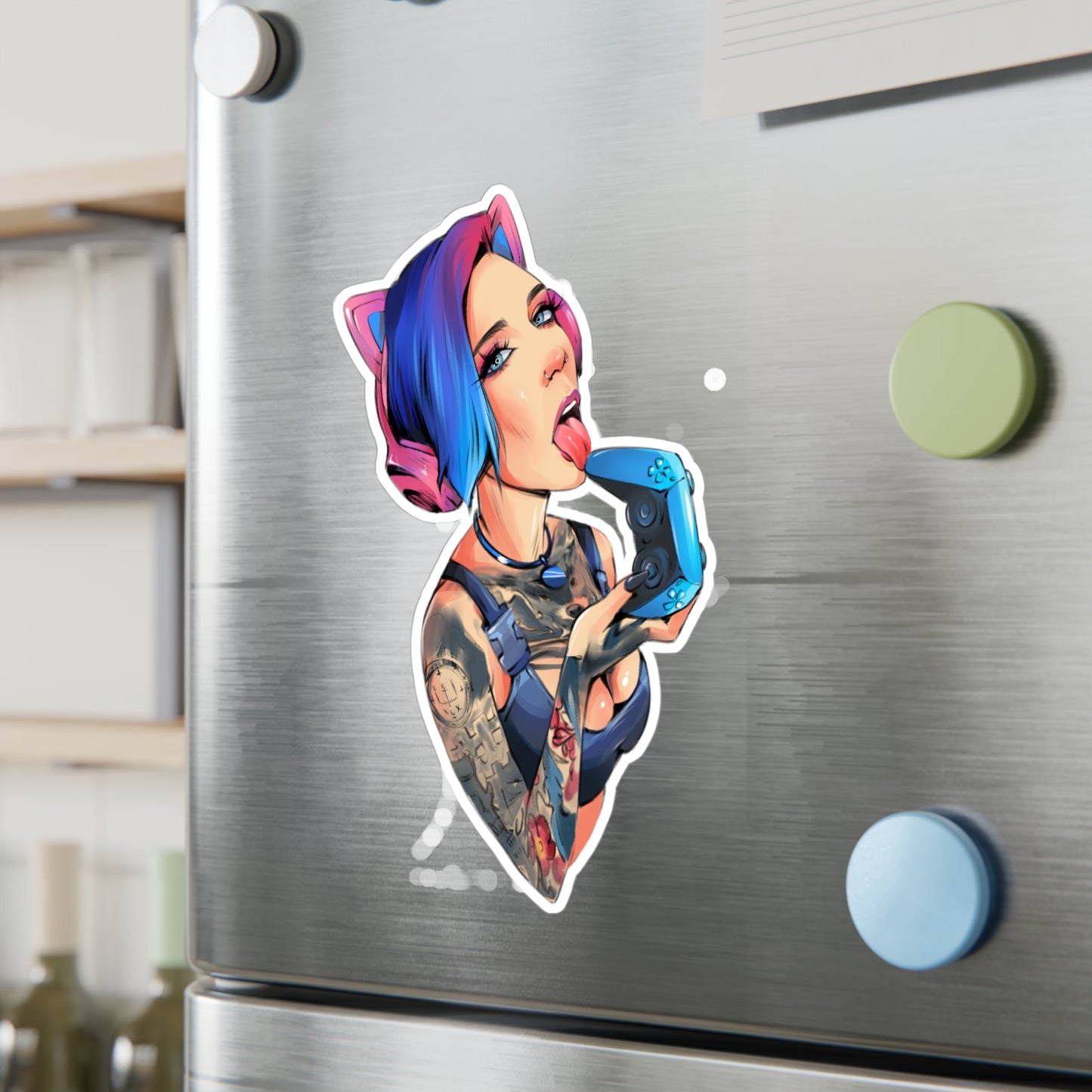 Gamer Girl Kiss-Cut Vinyl Sticker — Edgy Tattooed Woman with Controller