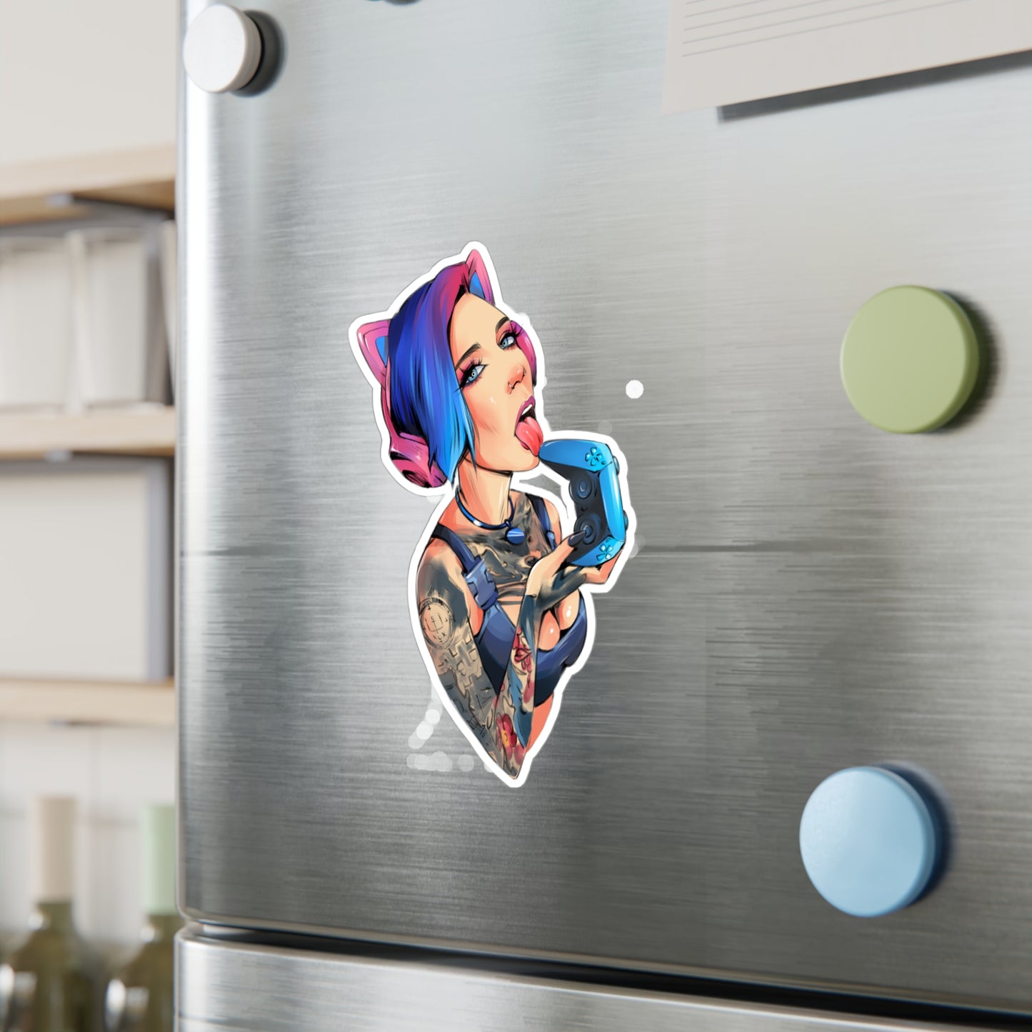 Gamer Girl Kiss-Cut Vinyl Sticker — Edgy Tattooed Woman with Controller