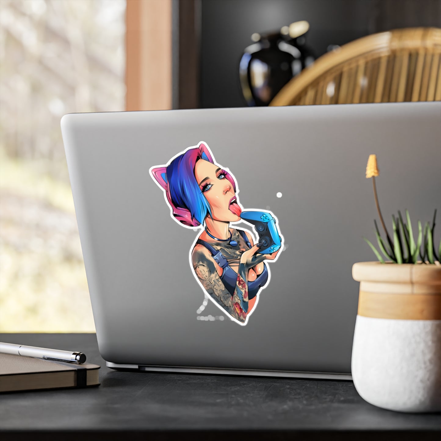 Gamer Girl Kiss-Cut Vinyl Sticker — Edgy Tattooed Woman with Controller