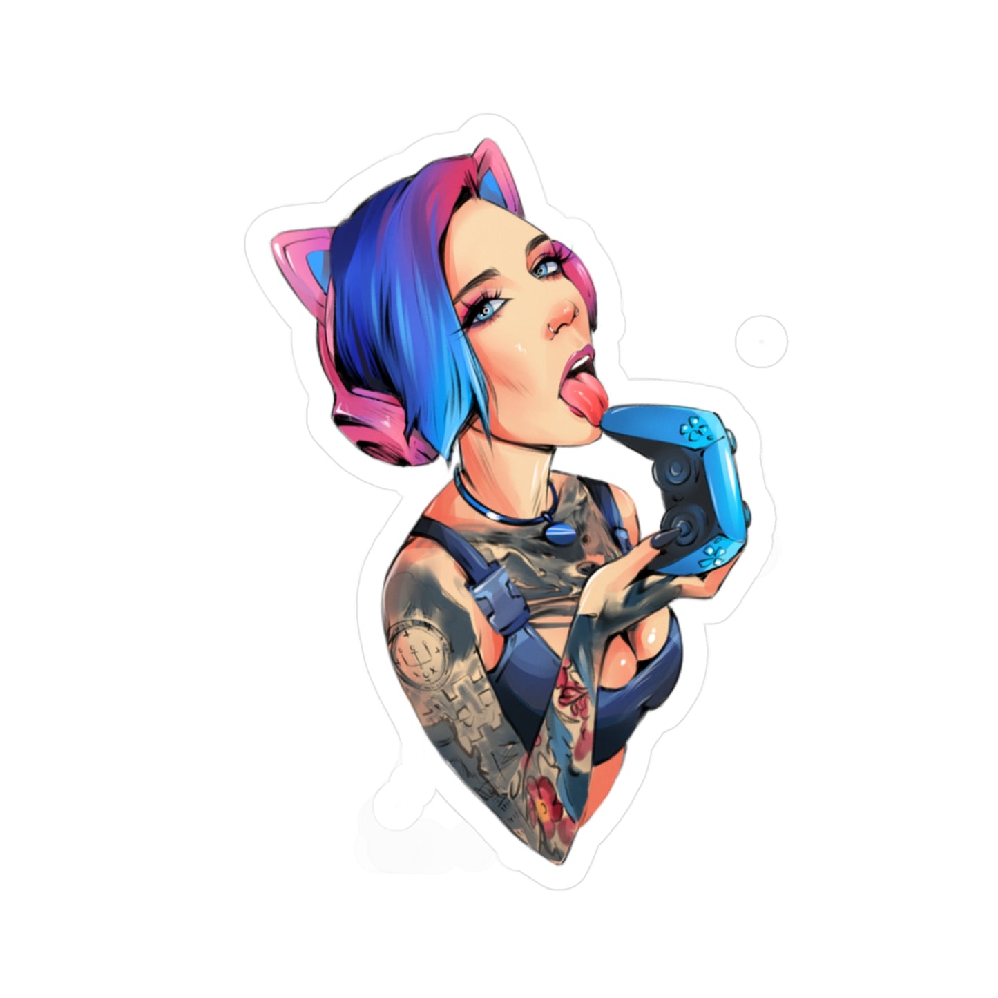 Gamer Girl Kiss-Cut Vinyl Sticker — Edgy Tattooed Woman with Controller