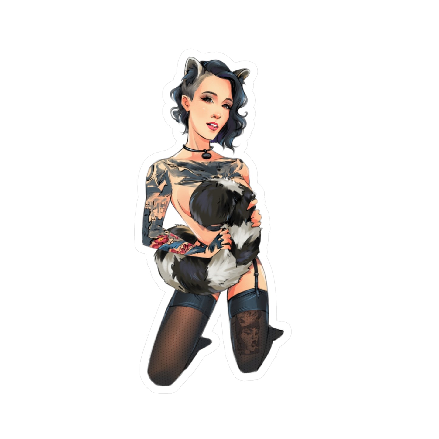 Pin-Up Raccoon Kiss-Cut Vinyl Sticker — Tattooed Femme Fatale Decal