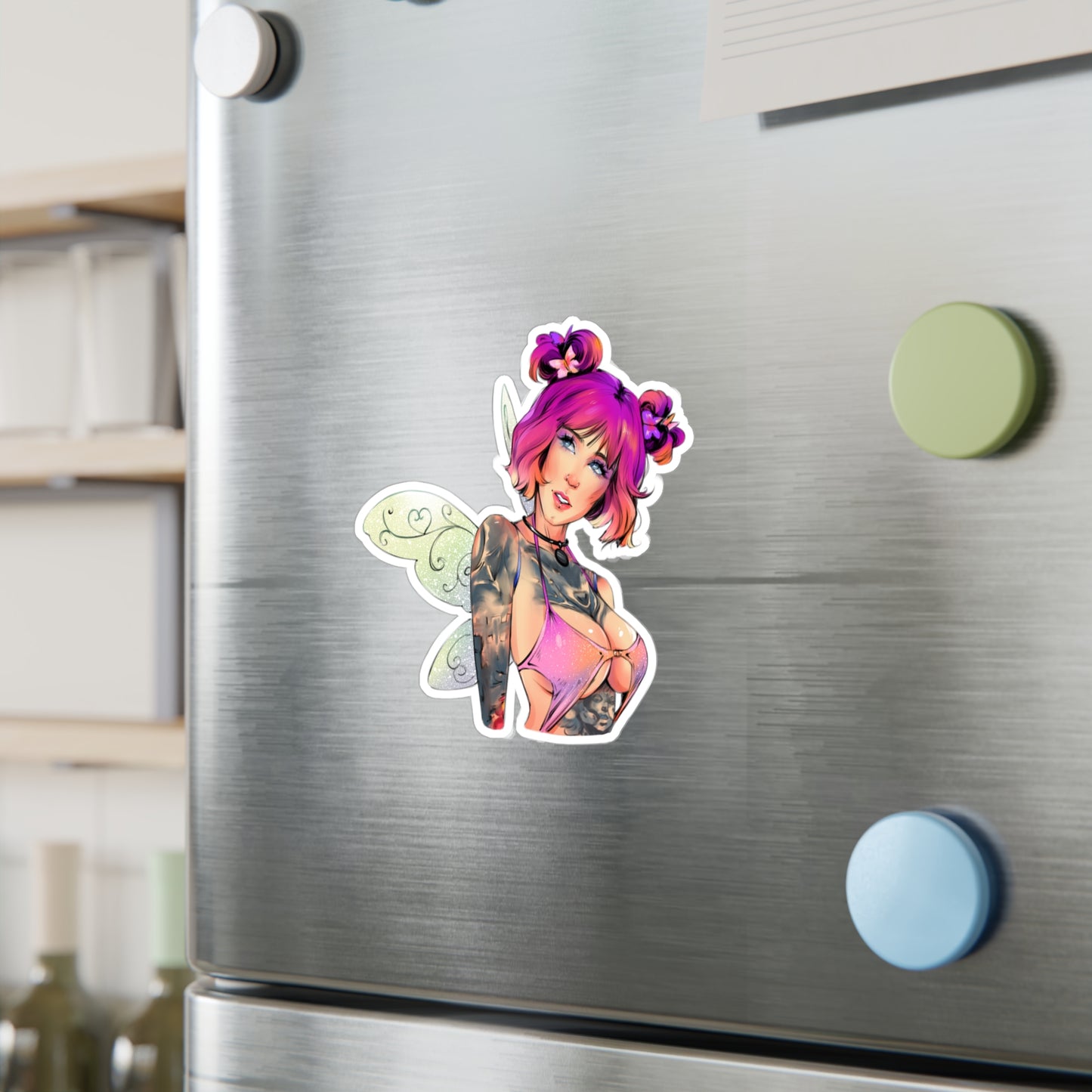 Fairy Pin-Up Kiss-Cut Vinyl Sticker — Pink-Haired Tattooed Fairy Decal
