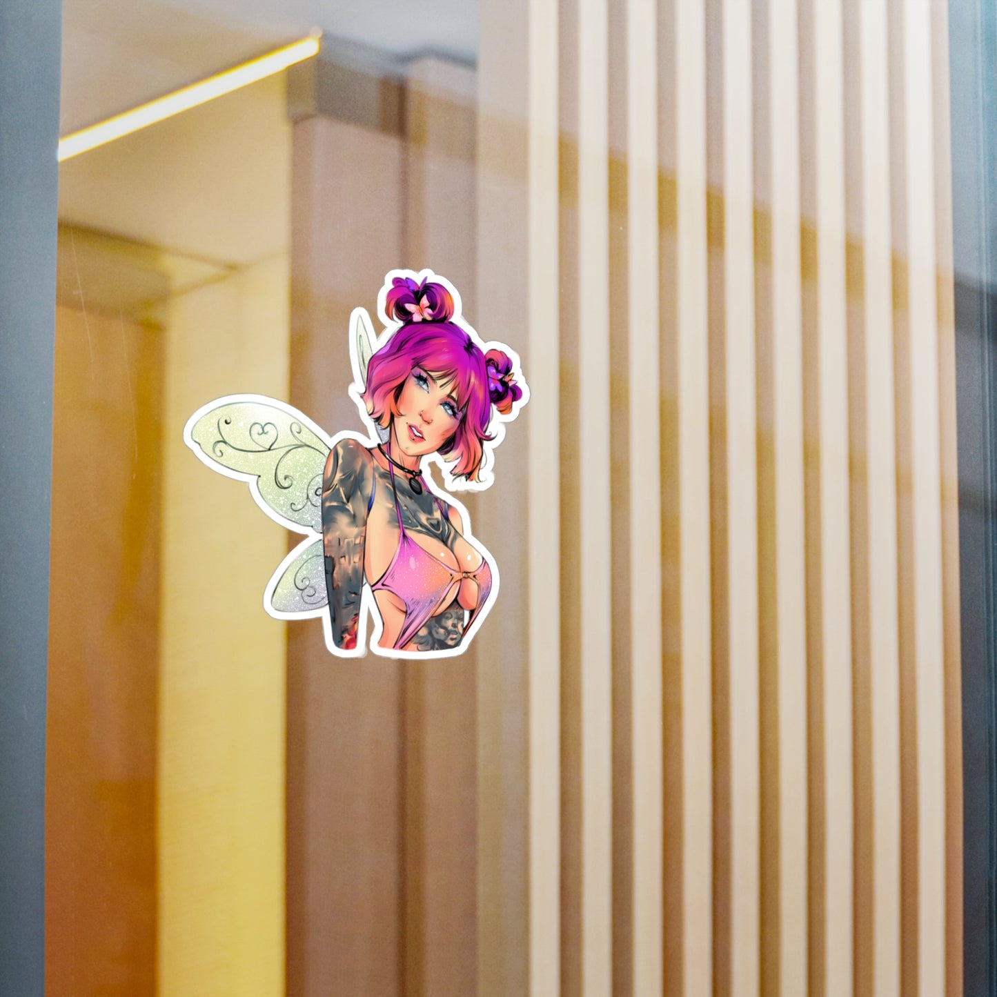Fairy Pin-Up Kiss-Cut Vinyl Sticker — Pink-Haired Tattooed Fairy Decal