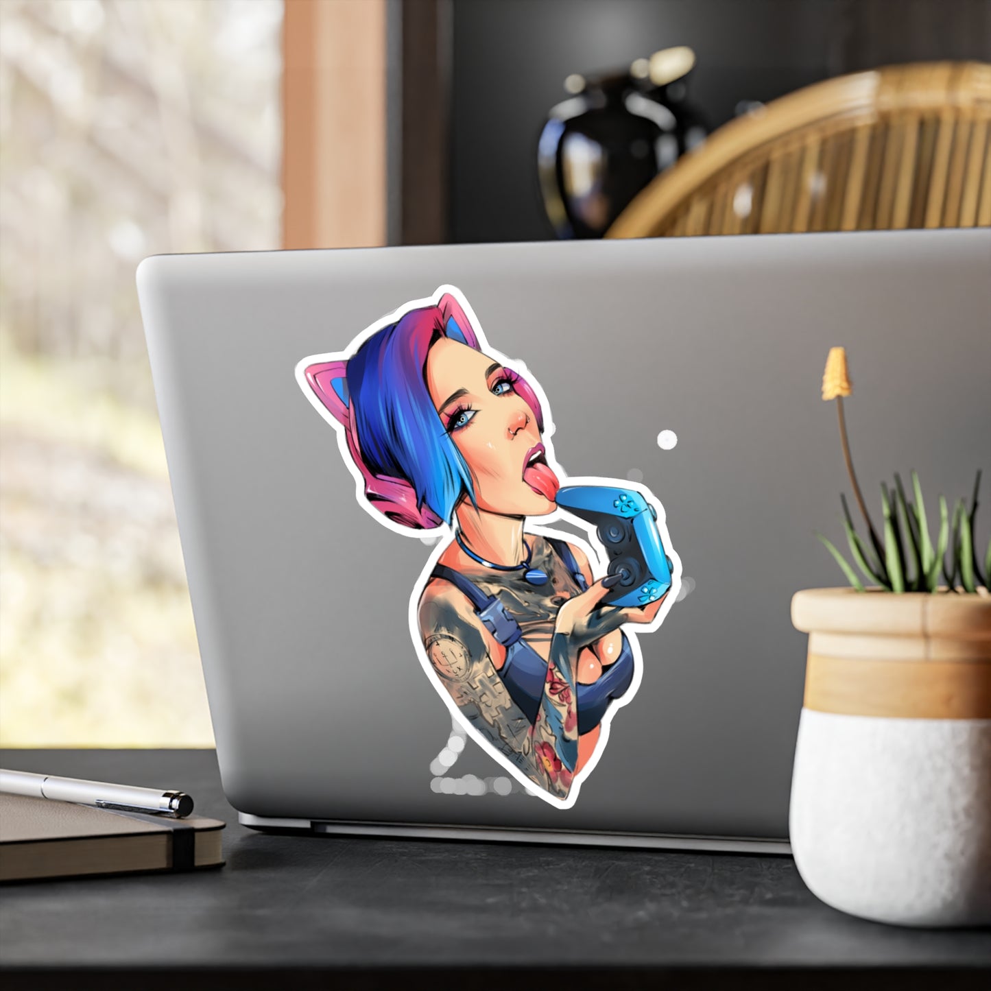 Gamer Girl Kiss-Cut Vinyl Sticker — Edgy Tattooed Woman with Controller