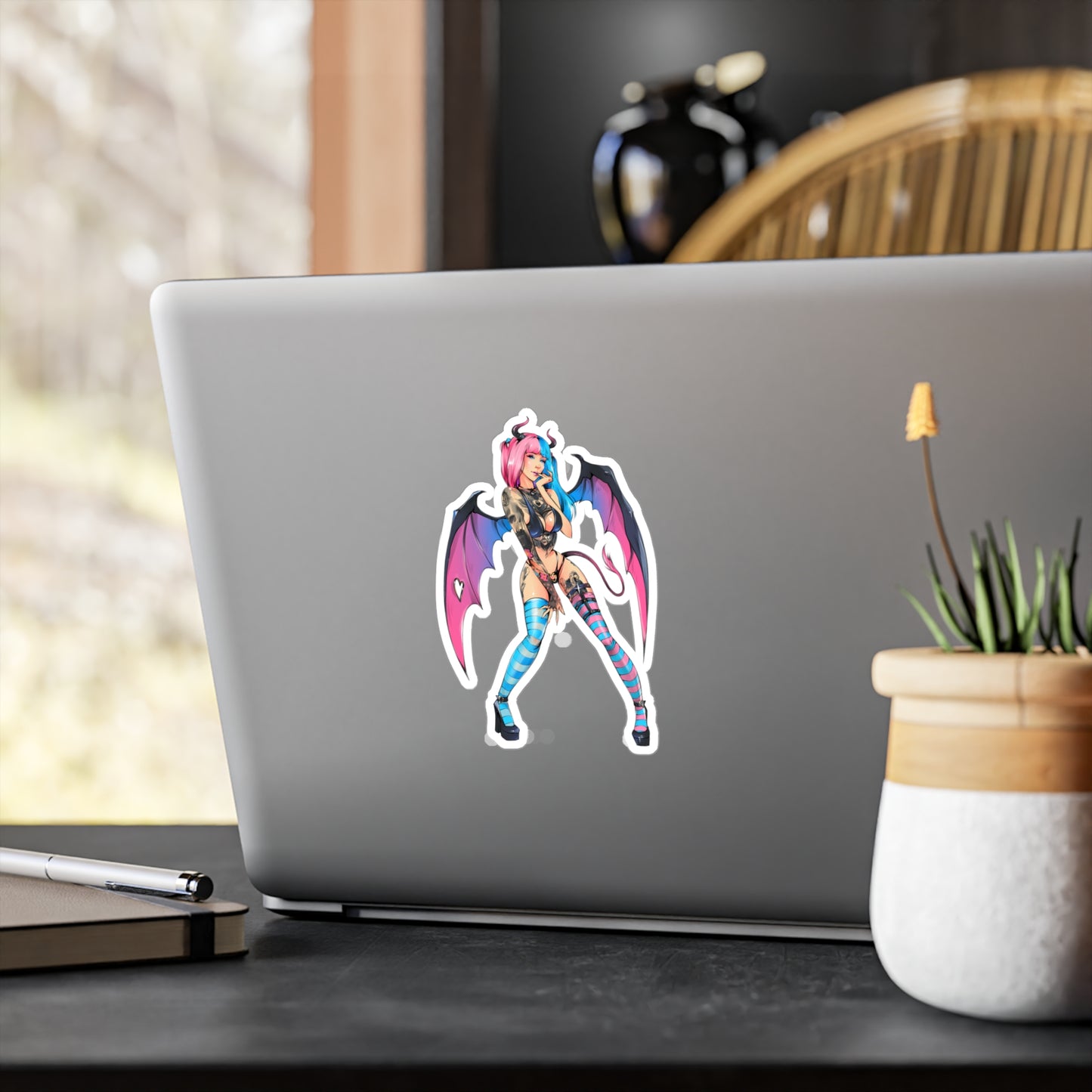 Succubus Anime Girl Kiss-Cut Vinyl Sticker — Pink & Blue Goth Pin-Up Decal