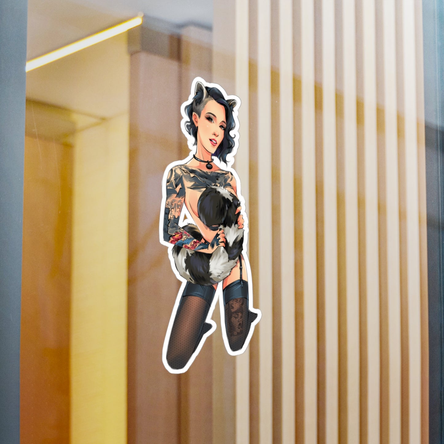 Pin-Up Raccoon Kiss-Cut Vinyl Sticker — Tattooed Femme Fatale Decal