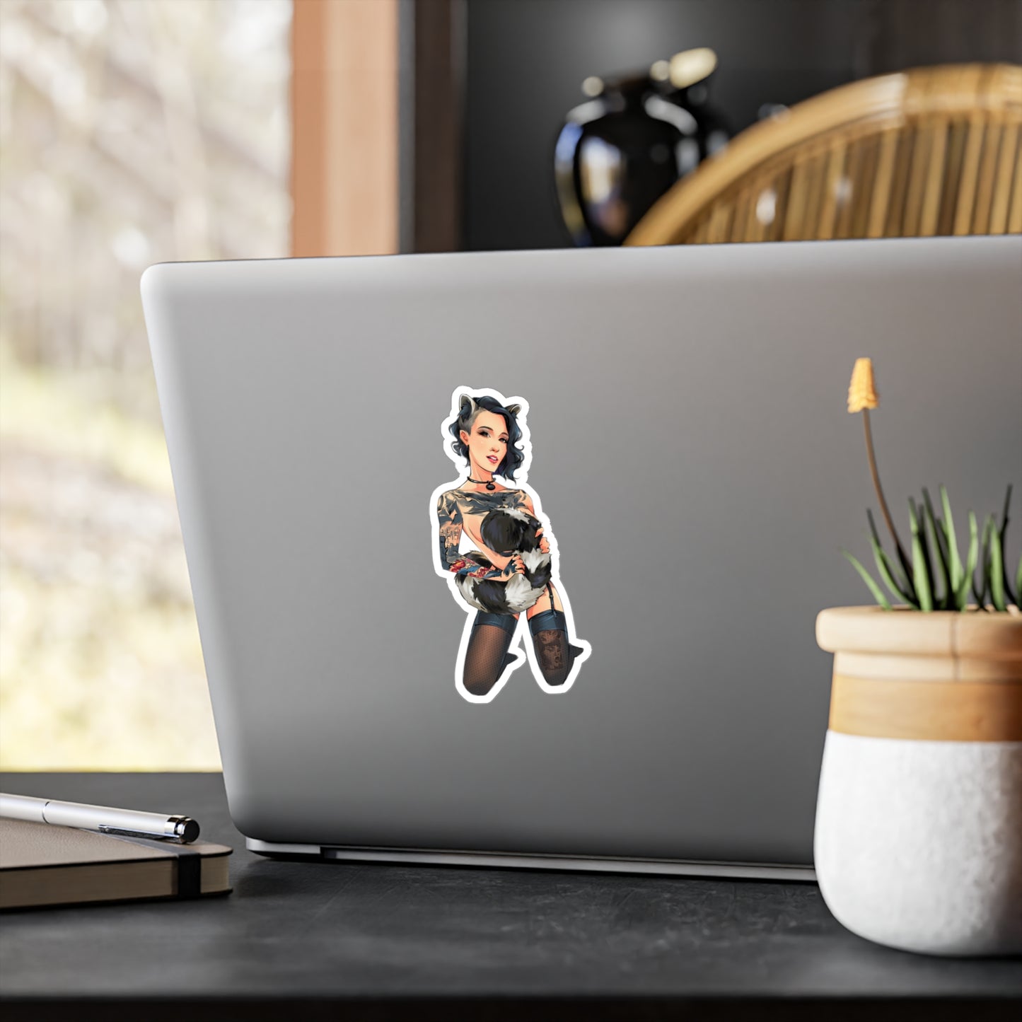 Pin-Up Raccoon Kiss-Cut Vinyl Sticker — Tattooed Femme Fatale Decal