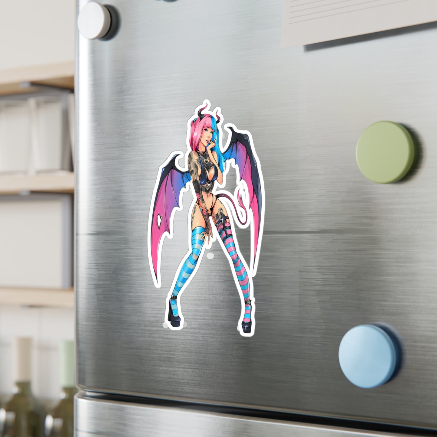 Succubus Anime Girl Kiss-Cut Vinyl Sticker — Pink & Blue Goth Pin-Up Decal