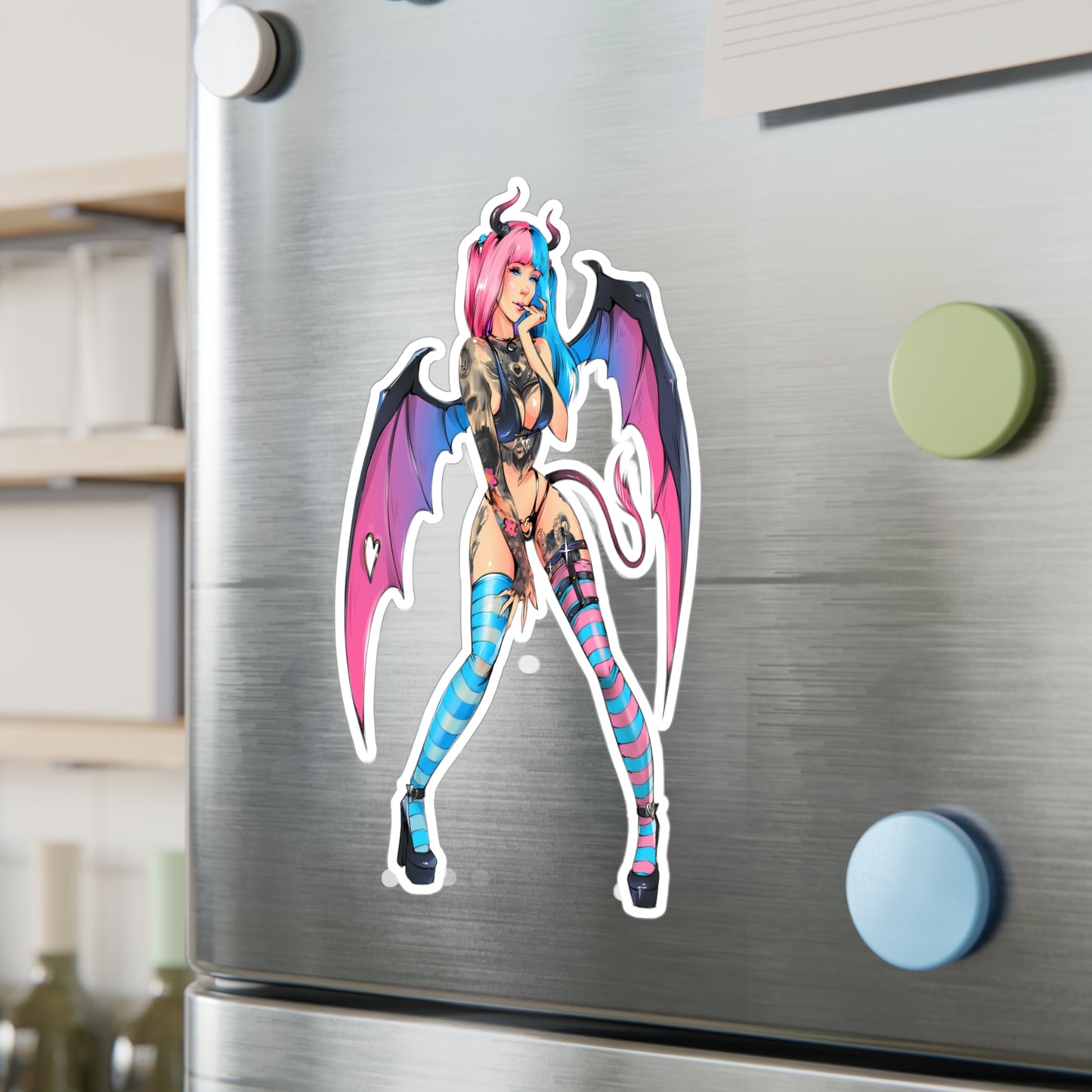Succubus Anime Girl Kiss-Cut Vinyl Sticker — Pink & Blue Goth Pin-Up Decal