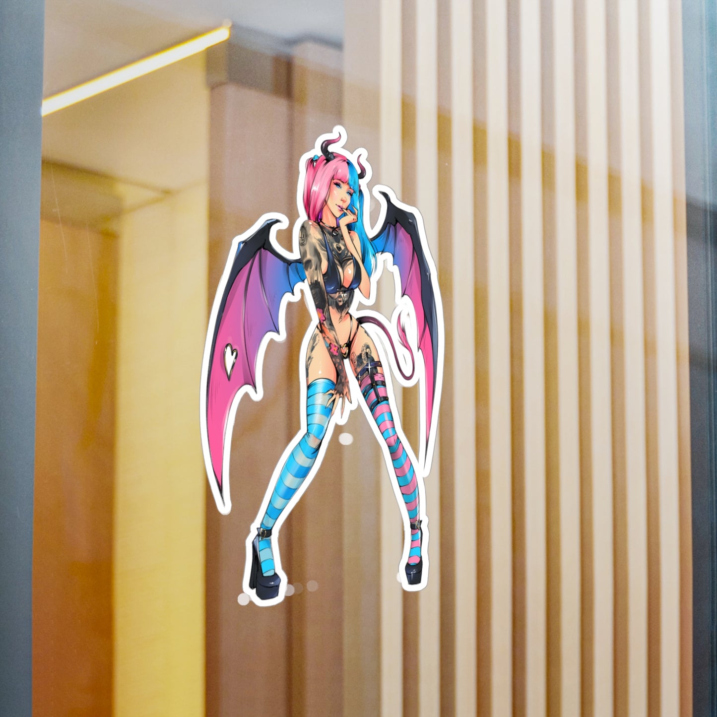 Succubus Anime Girl Kiss-Cut Vinyl Sticker — Pink & Blue Goth Pin-Up Decal