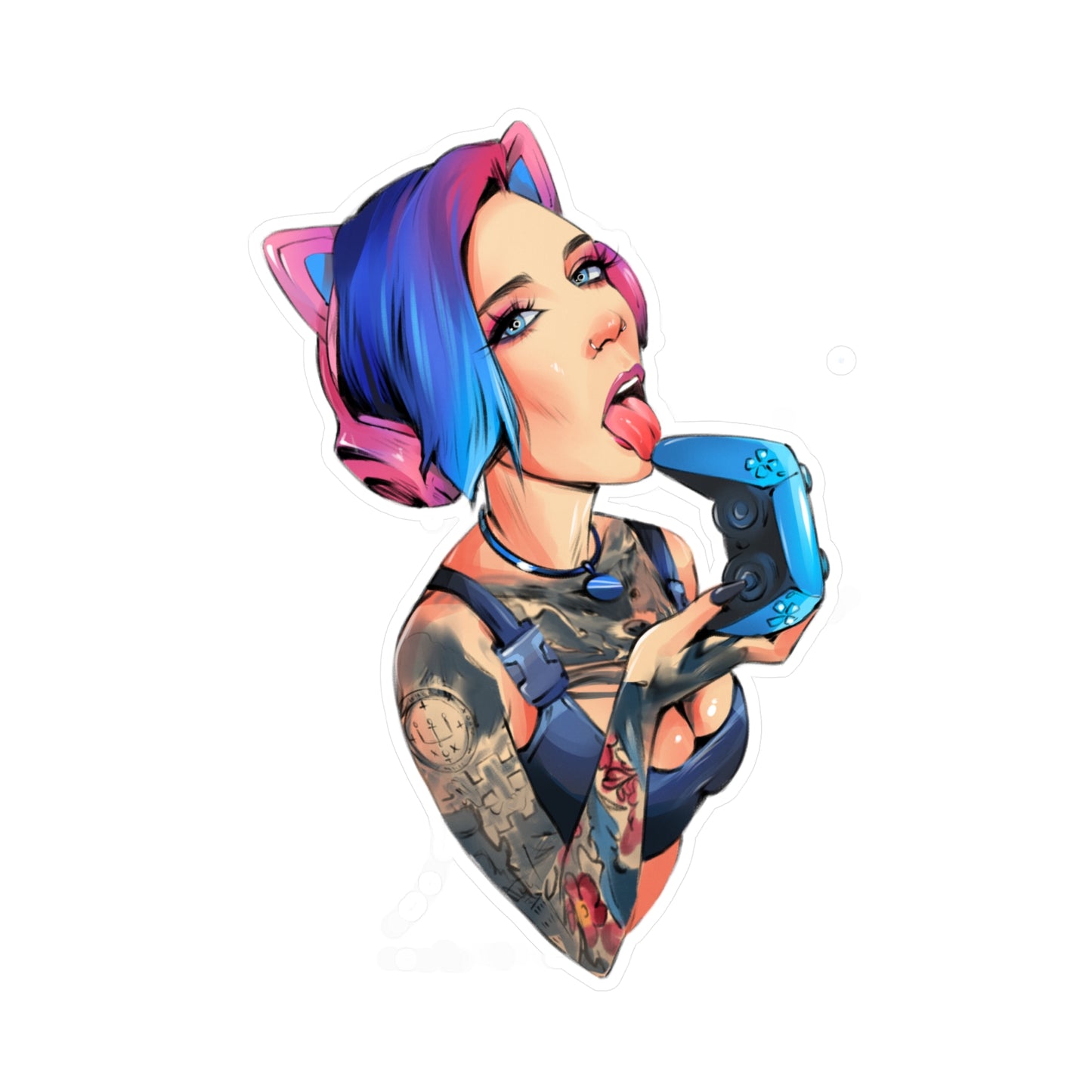 Gamer Girl Kiss-Cut Vinyl Sticker — Edgy Tattooed Woman with Controller