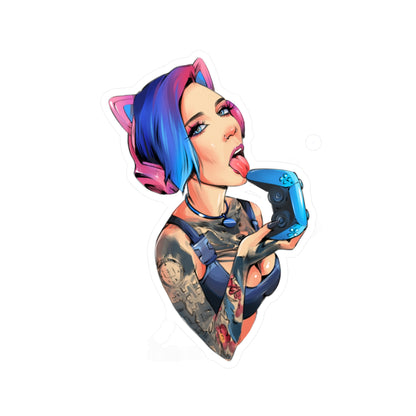 Gamer Girl Kiss-Cut Vinyl Sticker — Edgy Tattooed Woman with Controller
