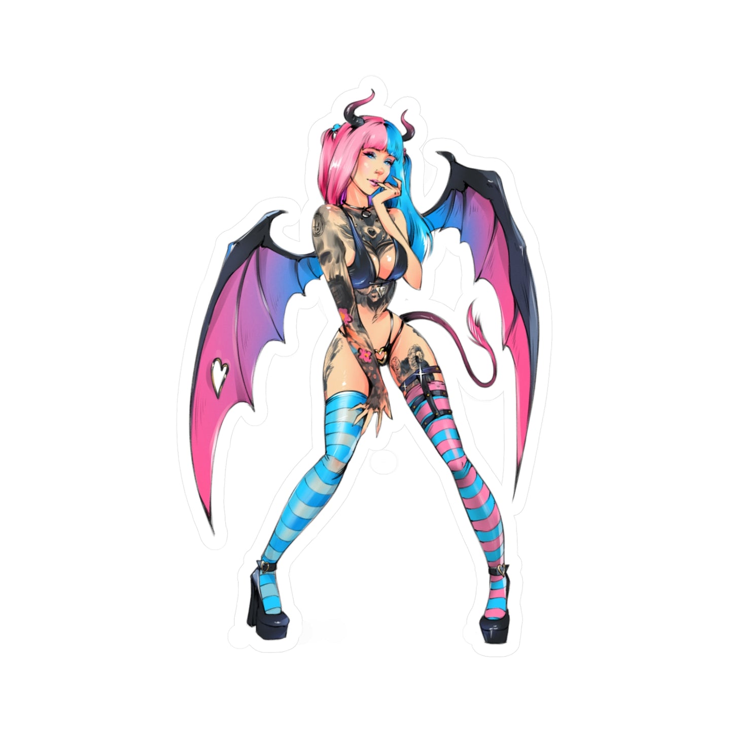 Succubus Anime Girl Kiss-Cut Vinyl Sticker — Pink & Blue Goth Pin-Up Decal