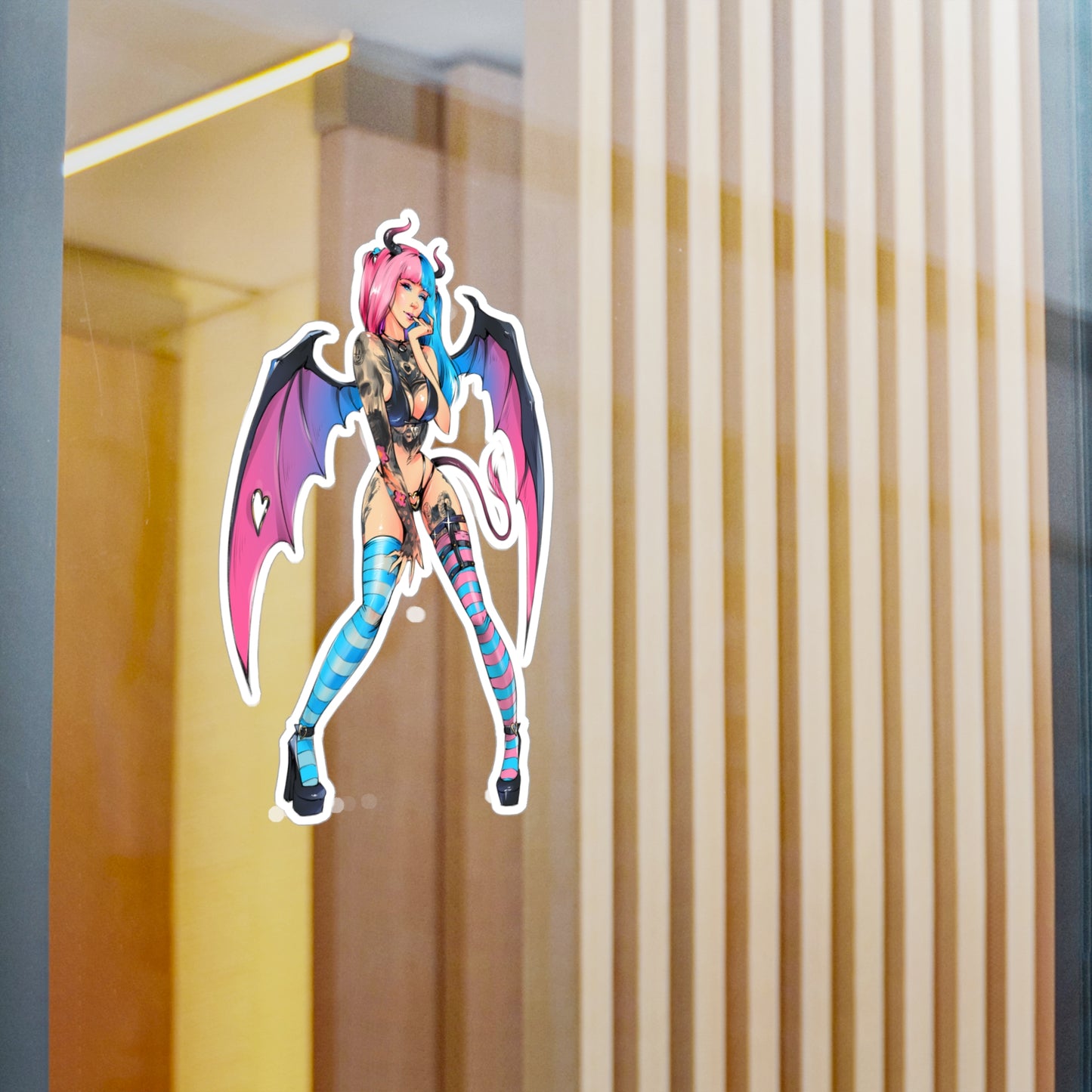 Succubus Anime Girl Kiss-Cut Vinyl Sticker — Pink & Blue Goth Pin-Up Decal