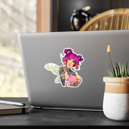 Fairy Pin-Up Kiss-Cut Vinyl Sticker — Pink-Haired Tattooed Fairy Decal