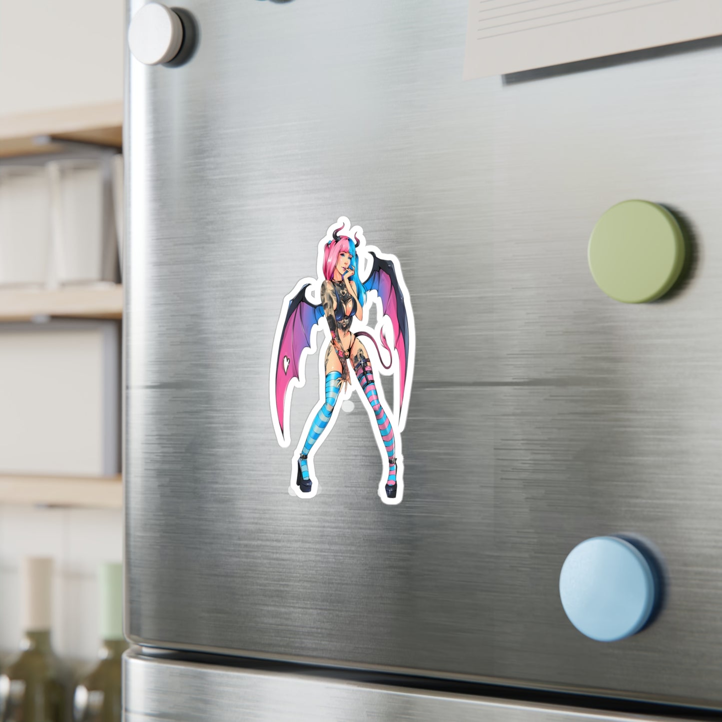 Succubus Anime Girl Kiss-Cut Vinyl Sticker — Pink & Blue Goth Pin-Up Decal