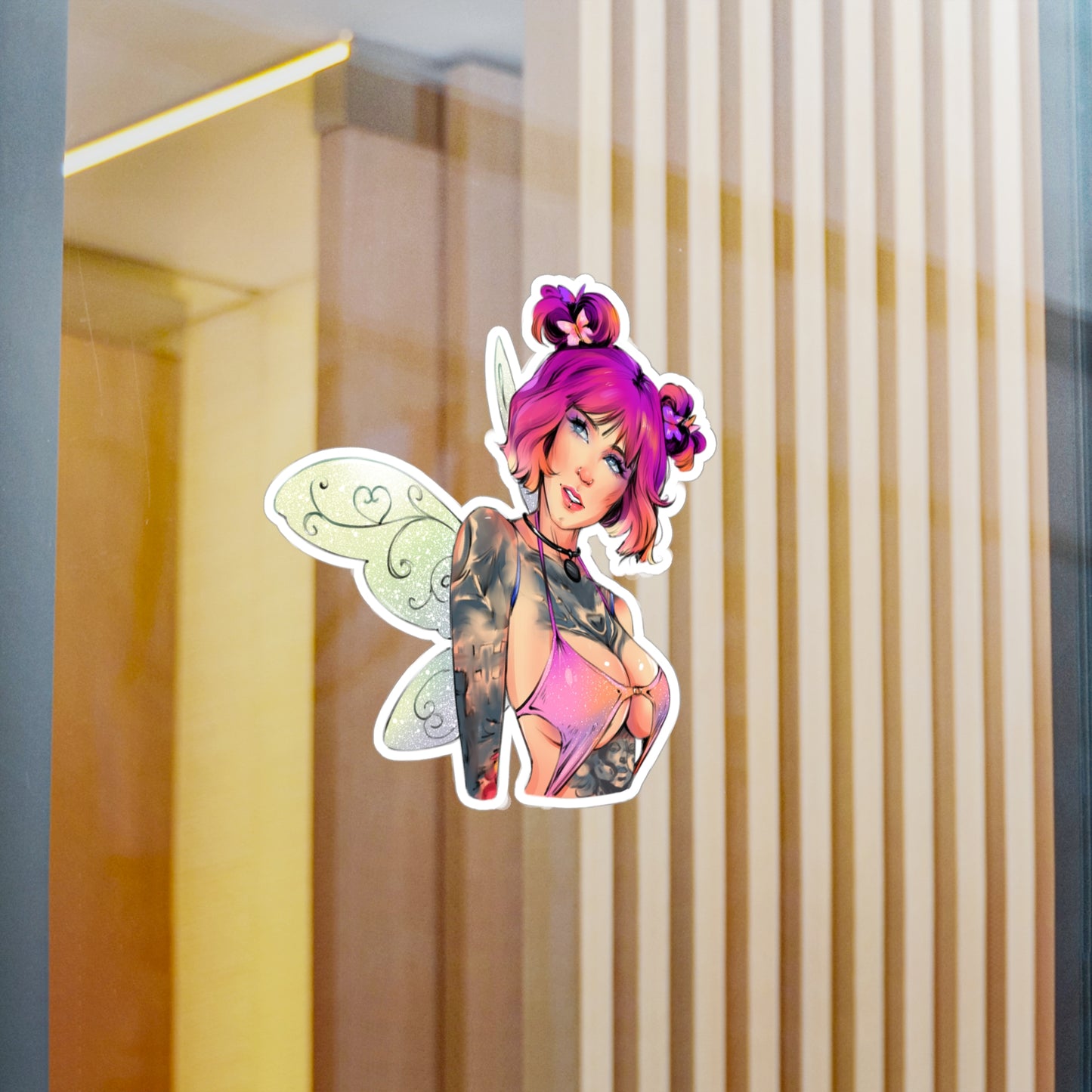 Fairy Pin-Up Kiss-Cut Vinyl Sticker — Pink-Haired Tattooed Fairy Decal