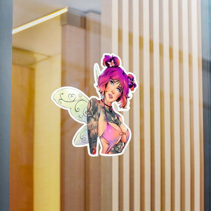 Fairy Pin-Up Kiss-Cut Vinyl Sticker — Pink-Haired Tattooed Fairy Decal