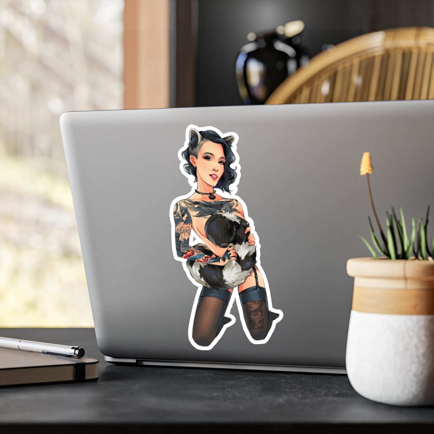 Pin-Up Raccoon Kiss-Cut Vinyl Sticker — Tattooed Femme Fatale Decal