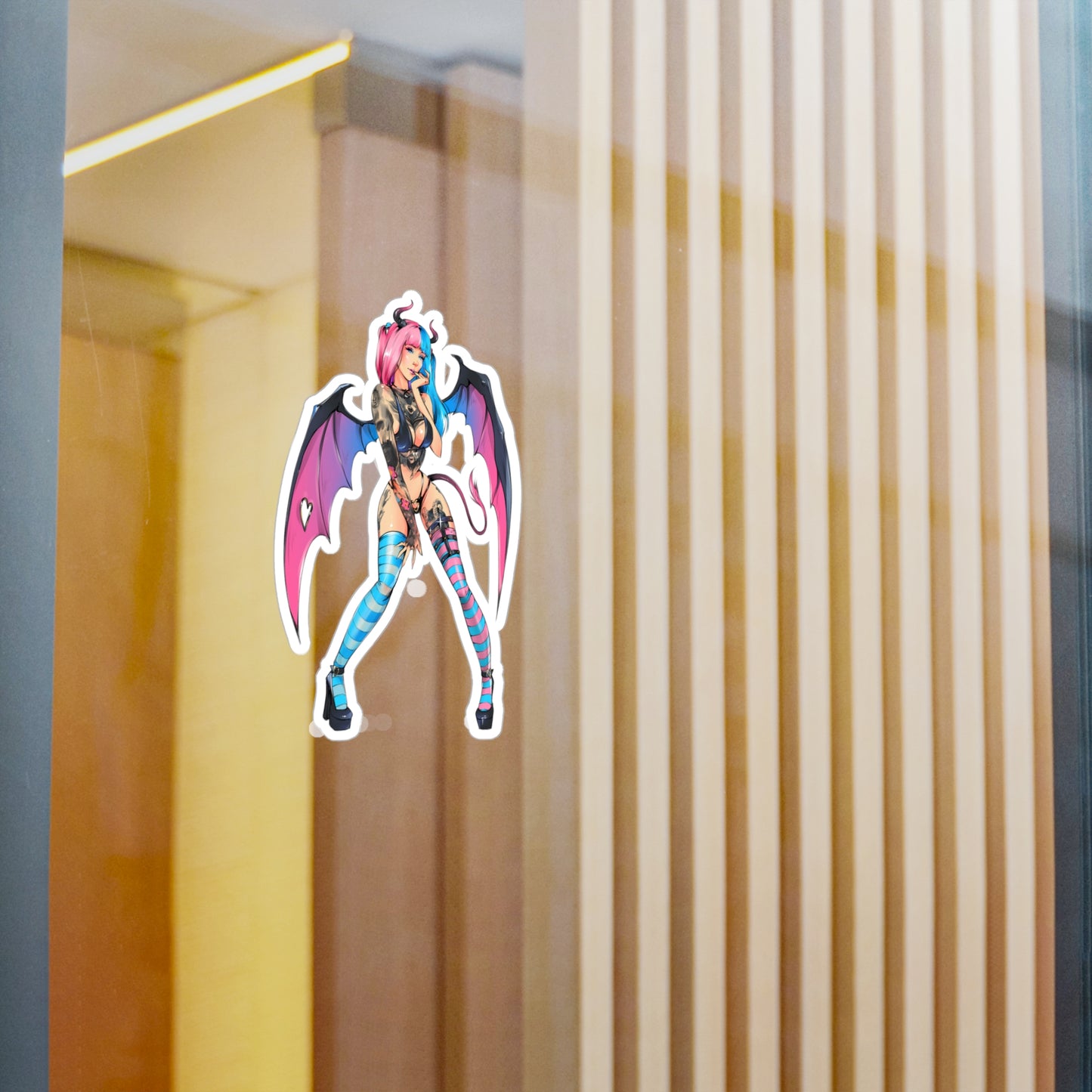 Succubus Anime Girl Kiss-Cut Vinyl Sticker — Pink & Blue Goth Pin-Up Decal