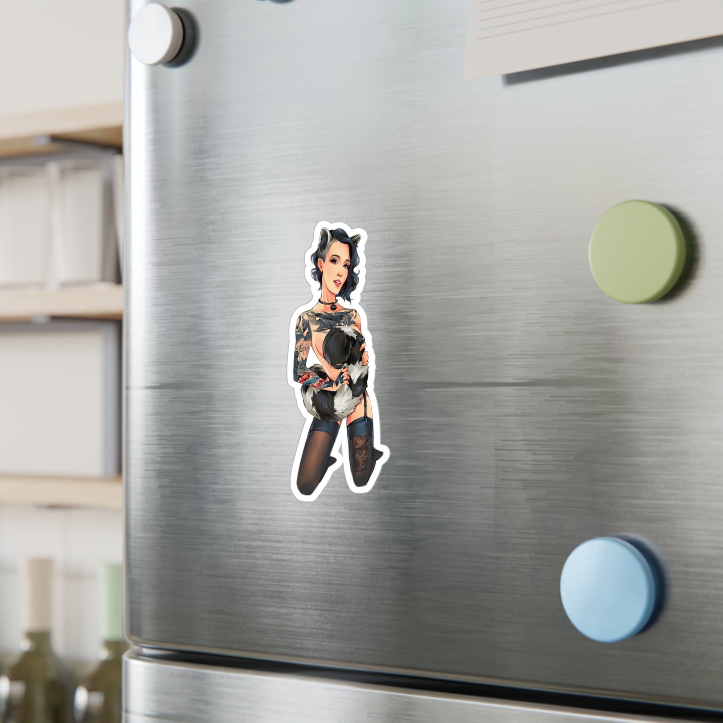 Pin-Up Raccoon Kiss-Cut Vinyl Sticker — Tattooed Femme Fatale Decal