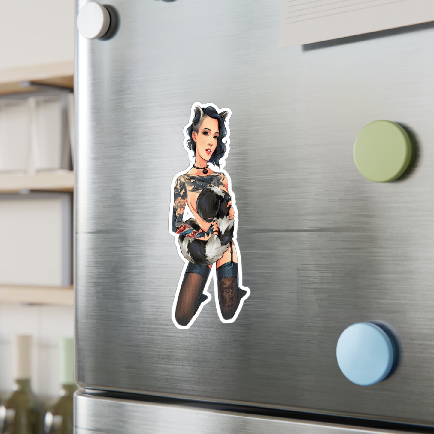 Pin-Up Raccoon Kiss-Cut Vinyl Sticker — Tattooed Femme Fatale Decal
