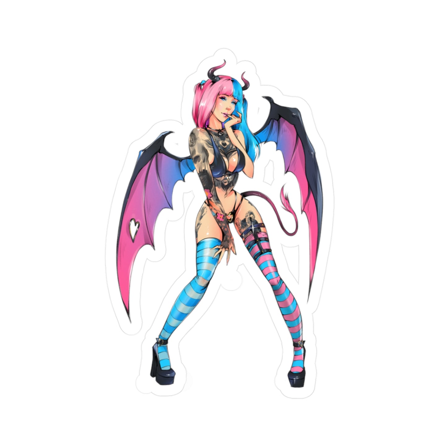 Succubus Anime Girl Kiss-Cut Vinyl Sticker — Pink & Blue Goth Pin-Up Decal