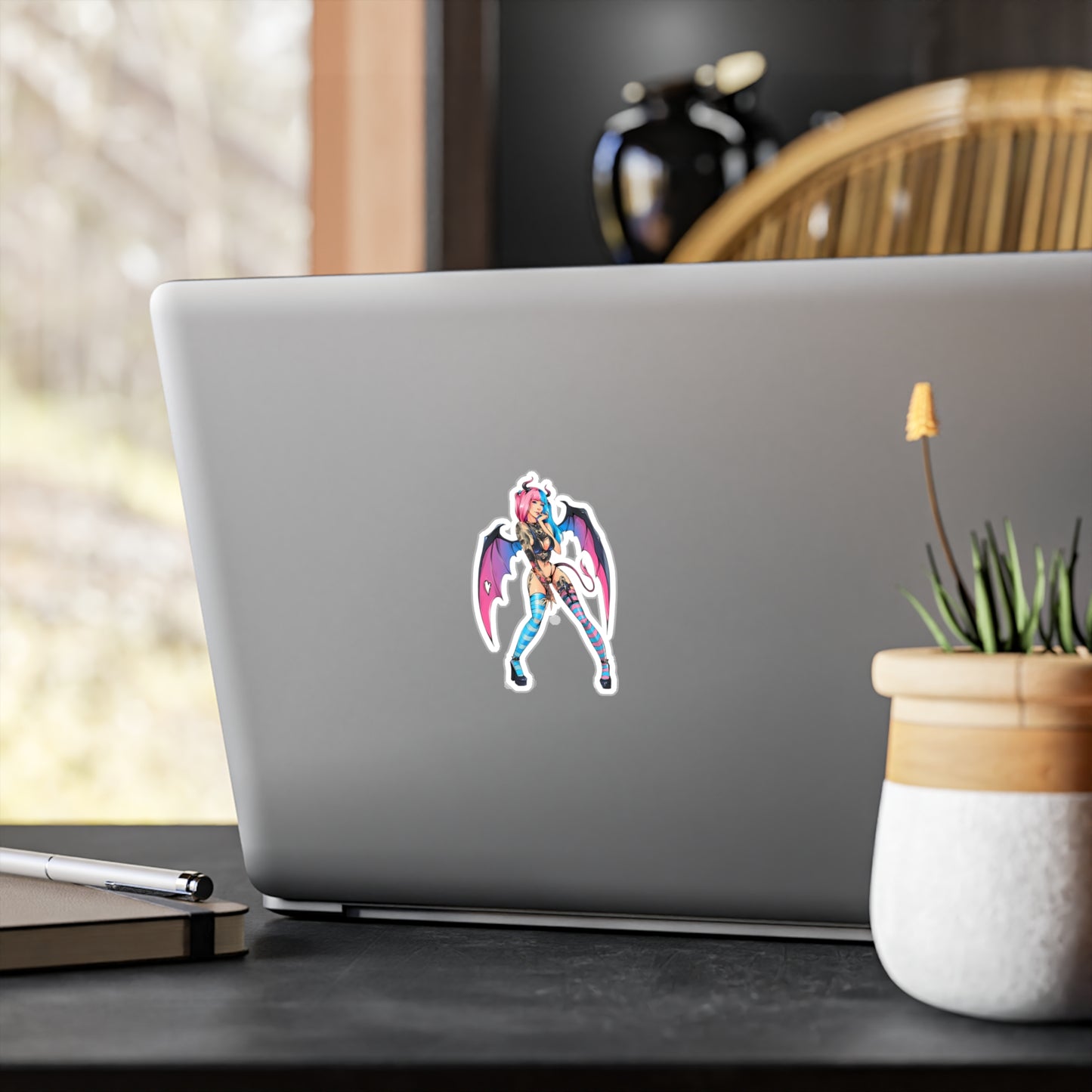 Succubus Anime Girl Kiss-Cut Vinyl Sticker — Pink & Blue Goth Pin-Up Decal