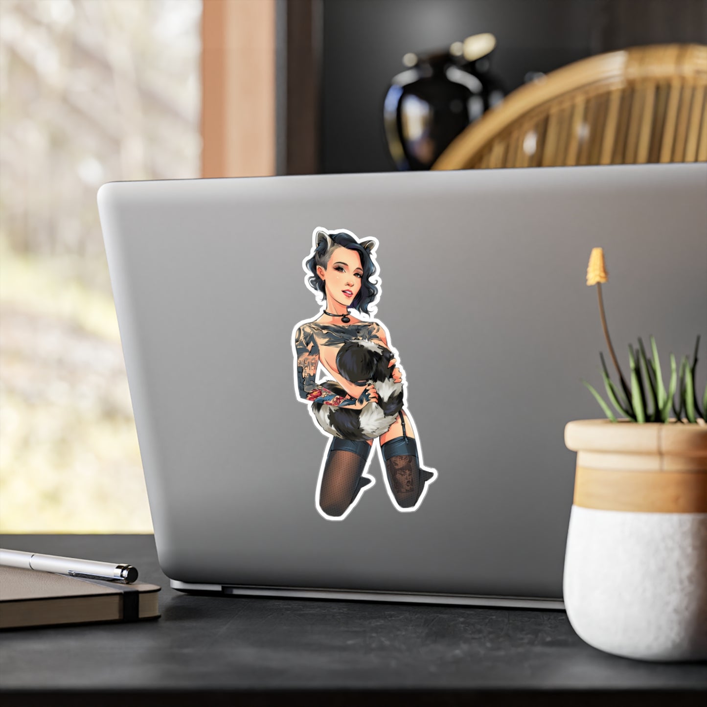 Pin-Up Raccoon Kiss-Cut Vinyl Sticker — Tattooed Femme Fatale Decal
